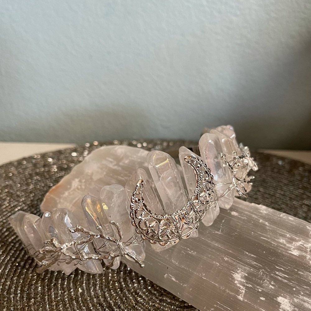 Clear Aura Quartz Crown Tiara with Moon Pendant
